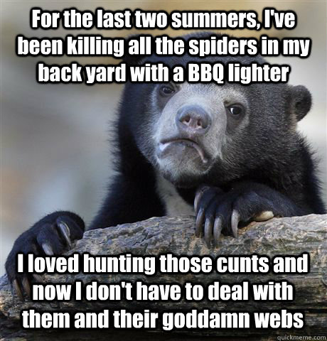 For the last two summers, I've been killing all the spiders in my back yard with a BBQ lighter I loved hunting those cunts and now I don't have to deal with them and their goddamn webs  Confession Bear