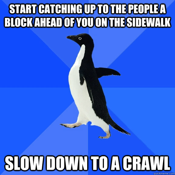 Start catching up to the people a block ahead of you on the sidewalk Slow down to a crawl  Socially Awkward Penguin