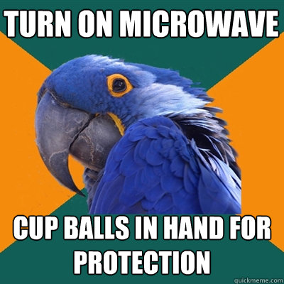 turn on microwave cup balls in hand for protection  Paranoid Parrot