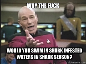 why the fuck would you swim in shark infested waters in shark season?  Annoyed Picard