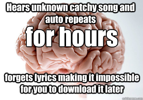 Hears unknown catchy song and auto repeats  forgets lyrics making it impossible for you to download it later for hours  Scumbag Brain