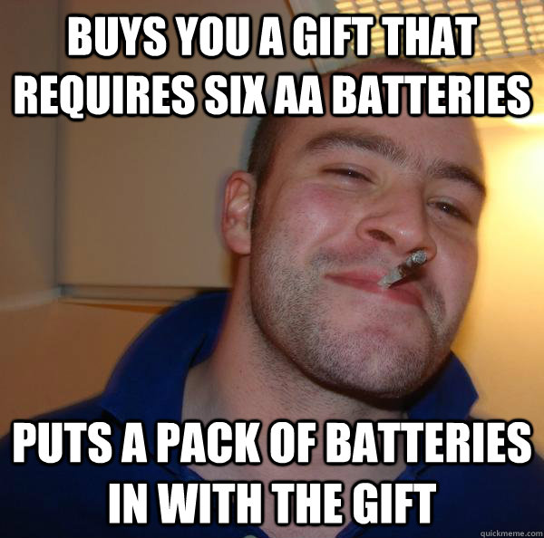 Buys you a gift that requires six aa batteries puts a pack of batteries in with the gift - Buys you a gift that requires six aa batteries puts a pack of batteries in with the gift  Misc