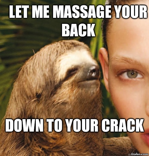 Let me massage your back  Down to your crack   rape sloth