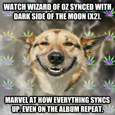 watch Wizard of Oz synced with Dark Side of the moon (x2). Marvel at how everything syncs up, even on the album repeat.  Stoner Dog