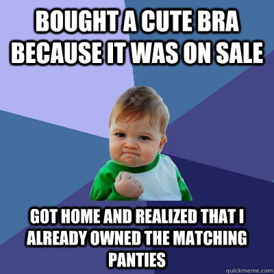 Bought a cute bra because it was on sale Got home and realized that I already owned the matching panties  Success Kid