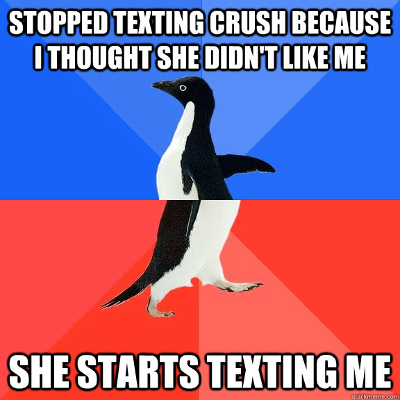 Stopped texting crush because I thought she didn't like me She starts texting me    Socially Awkward Awesome Penguin