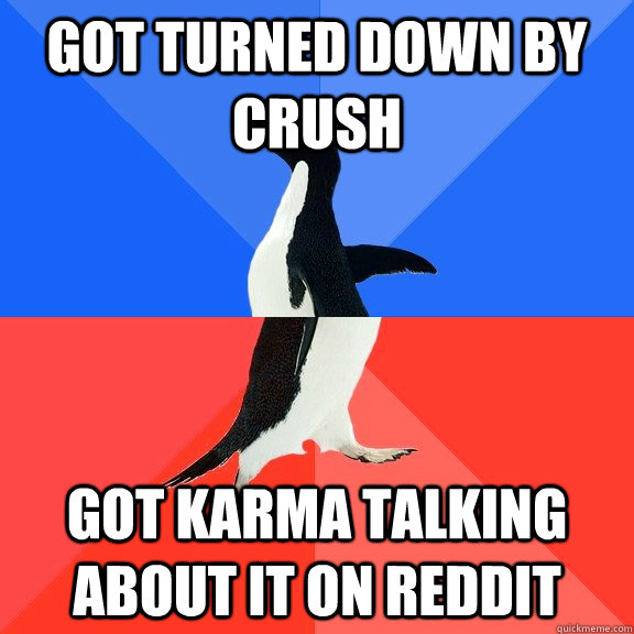 Got turned down by crush Got karma talking about it on reddit  Socially Awkward Awesome Penguin