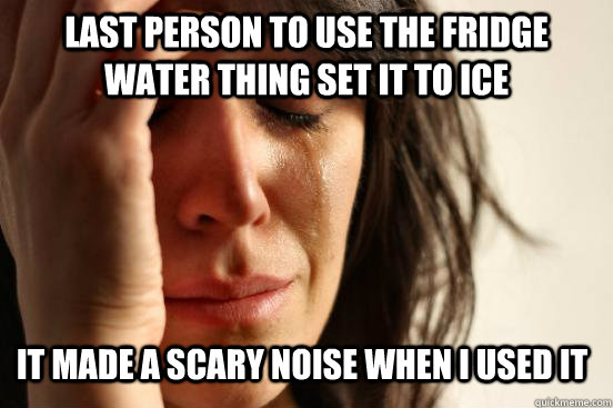 last person to use the fridge water thing set it to ice  it made a scary noise when i used it  First World Problems