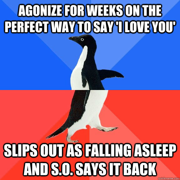 Agonize for weeks on the perfect way to say 'I Love You' Slips out as falling asleep and S.o. SAys it back  Socially Awkward Awesome Penguin