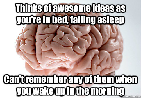 Thinks of awesome ideas as you're in bed, falling asleep Can't remember any of them when you wake up in the morning   Scumbag Brain