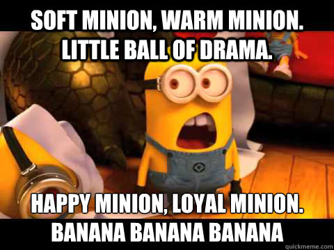 Soft minion, warm minion. Little ball of drama. Happy minion, loyal minion. BANANA BANANA BANANA - Soft minion, warm minion. Little ball of drama. Happy minion, loyal minion. BANANA BANANA BANANA  minion