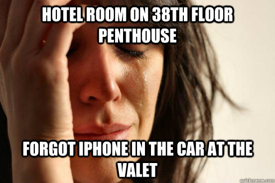 Hotel room on 38th floor penthouse forgot iphone in the car at the valet  First World Problems