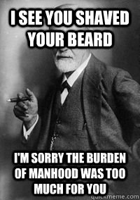 I see you shaved your beard I'm sorry the burden of manhood was too much for you - I see you shaved your beard I'm sorry the burden of manhood was too much for you  Sigmund Freud