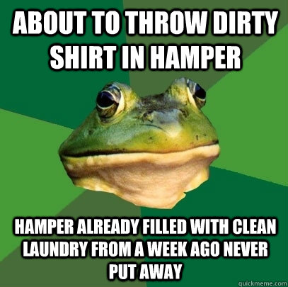 About to throw dirty shirt in hamper Hamper already filled with clean laundry from a week ago never put away - About to throw dirty shirt in hamper Hamper already filled with clean laundry from a week ago never put away  Foul Bachelor Frog
