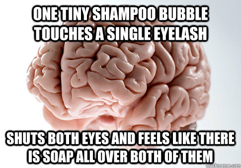 One tiny shampoo bubble touches a single eyelash Shuts both eyes and feels like there is soap all over both of them  Scumbag Brain