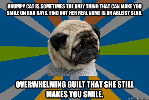 Grumpy cat is sometimes the only thing that can make you smile on bad days. Find out her real name is an ableist slur.  Overwhelming guilt that she still makes you smile. - Grumpy cat is sometimes the only thing that can make you smile on bad days. Find out her real name is an ableist slur.  Overwhelming guilt that she still makes you smile.  Clinically Depressed Pug