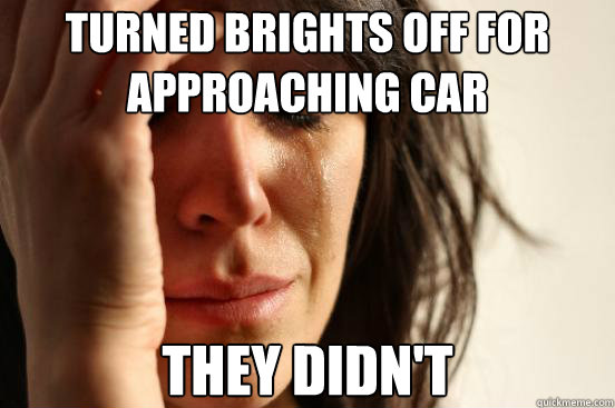 Turned brights off for approaching car They didn't  First World Problems