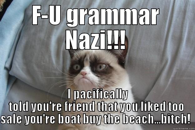 F-U GRAMMAR NAZI!!!  I PACIFICALLY TOLD YOU'RE FRIEND THAT YOU LIKED TOO SALE YOU'RE BOAT BUY THE BEACH...BITCH!  Grumpy Cat