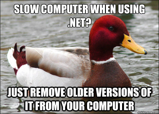 Slow computer when using  .net?
 just remove older versions of it from your computer  Malicious Advice Mallard