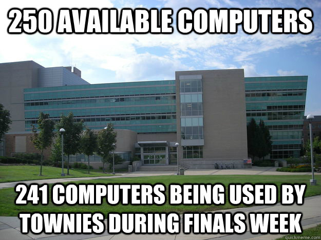 250 Available computers 241 computers being used by townies during finals week  