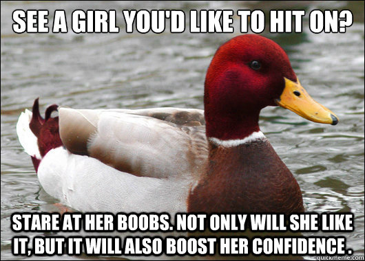 See a girl you'd like to hit on?
 Stare at her boobs. Not only will she like it, but iT WILL also BOOST HER CONFIDENCE .  Malicious Advice Mallard