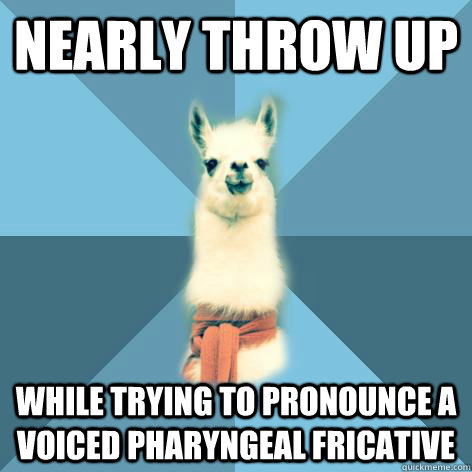 Nearly throw up while trying to pronounce a voiced pharyngeal fricative - Nearly throw up while trying to pronounce a voiced pharyngeal fricative  Linguist Llama