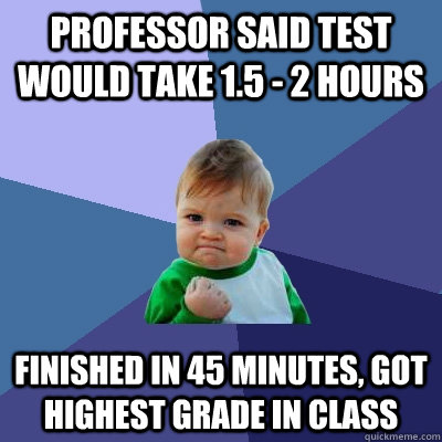 Professor said test would take 1.5 - 2 hours Finished in 45 minutes, got highest grade in class  Success Kid
