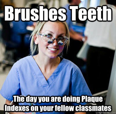 Brushes Teeth The day you are doing Plaque Indexes on your fellow classmates  overworked dental student