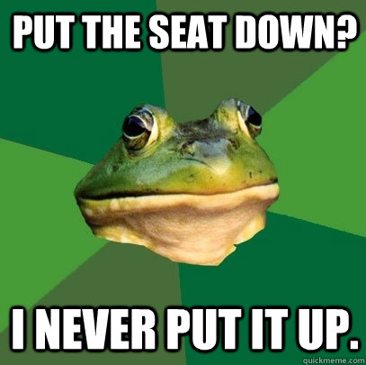 Put the seat down? I never put it up. - Put the seat down? I never put it up.  Foul Bachelor Frog