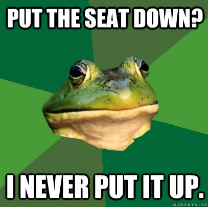 Put the seat down? I never put it up.  Foul Bachelor Frog