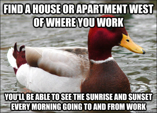 Find a house or apartment west of where you work you'll be able to see the sunrise and sunset every morning going to and from work  Malicious Advice Mallard