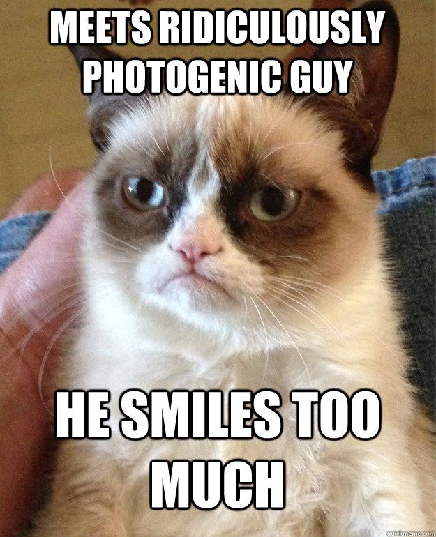 Meets ridiculously photogenic guy He smiles too much  Grumpy Cat