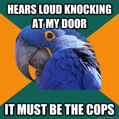 hears loud knocking at my door it must be the cops  Paranoid Parrot
