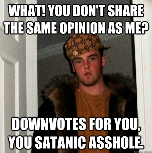 What! You don't share the same opinion as me? Downvotes for you, you satanic asshole. - What! You don't share the same opinion as me? Downvotes for you, you satanic asshole.  Scumbag Steve