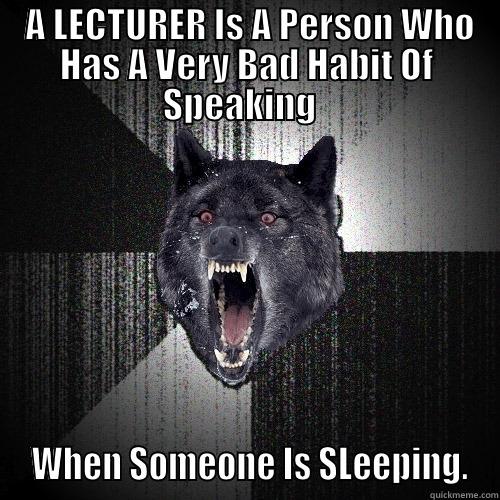  A LECTURER IS A PERSON WHO HAS A VERY BAD HABIT OF SPEAKING    WHEN SOMEONE IS SLEEPING. Insanity Wolf