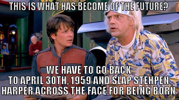 back to the future - THIS IS WHAT HAS BECOME OF THE FUTURE? WE HAVE TO GO BACK TO APRIL 30TH, 1959 AND SLAP STEHPEN HARPER ACROSS THE FACE FOR BEING BORN Misc