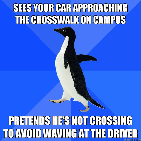 Sees your car approaching
the crosswalk on campus pretends he's not crossing
to avoid waving at the driver - Sees your car approaching
the crosswalk on campus pretends he's not crossing
to avoid waving at the driver  Socially Awkward Penguin