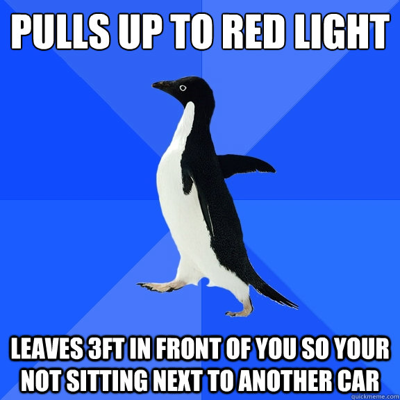 pulls up to red light
 leaves 3ft in front of you so your not sitting next to another car  Socially Awkward Penguin