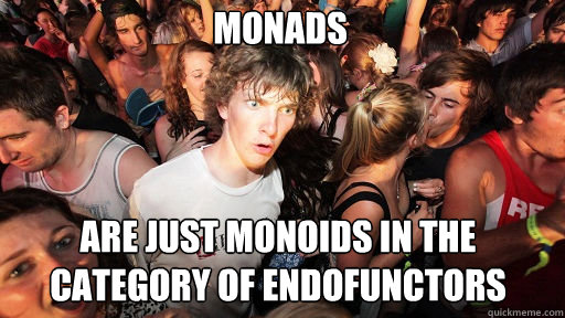 MONADS ARE JUST MONOIDS IN THE CATEGORY OF ENDOFUNCTORS - MONADS ARE JUST MONOIDS IN THE CATEGORY OF ENDOFUNCTORS  Sudden Clarity Clarence