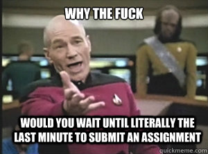 why the fuck would you wait until literally the last minute to submit an assignment  Annoyed Picard