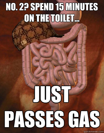 No. 2? Spend 15 minutes on the toilet... just passes gas  Scumbag Bowels