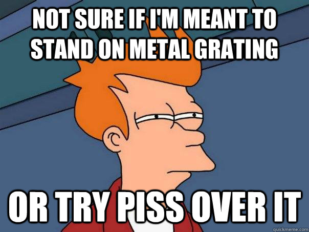 Not sure if I'm meant to stand on metal grating Or try piss over it  Futurama Fry