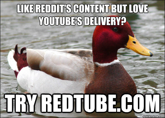Like reddit's content but love Youtube's delivery?
 Try redtube.com  Malicious Advice Mallard