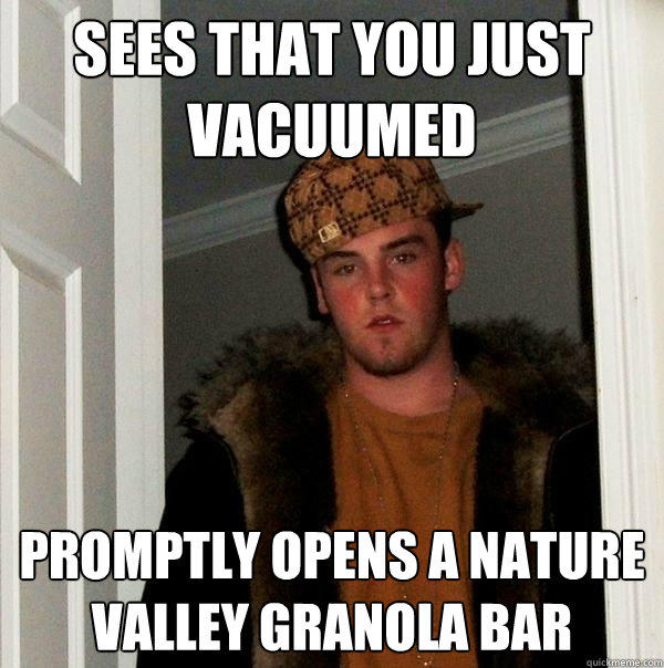 Sees that you just vacuumed Promptly opens a nature valley granola bar  