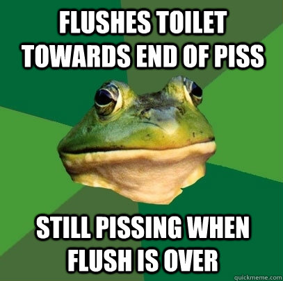 flushes toilet towards end of piss still pissing when flush is over  Foul Bachelor Frog