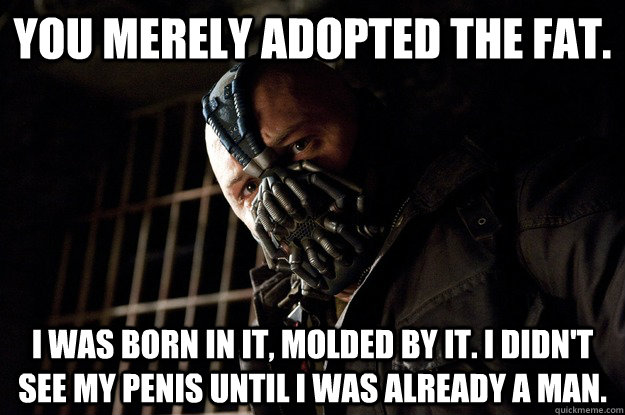 You merely adopted the fat. I was born in it, molded by it. I didn't see my penis until i was already a man.  Angry Bane