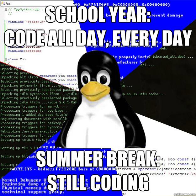 School Year:
Code all day, every day Summer break:
Still coding - School Year:
Code all day, every day Summer break:
Still coding  Computer Science Penguin