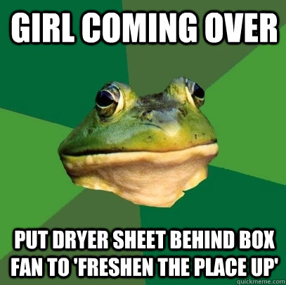 Girl coming over put dryer sheet behind box fan to 'freshen the place up'  Foul Bachelor Frog