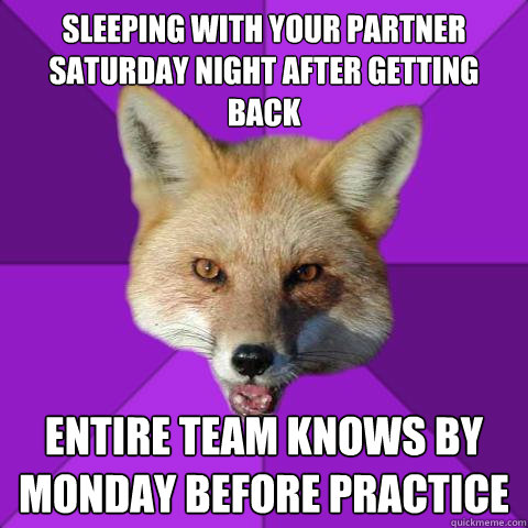 sleeping with your partner Saturday night after getting back entire team knows by Monday before practice  Forensics Fox