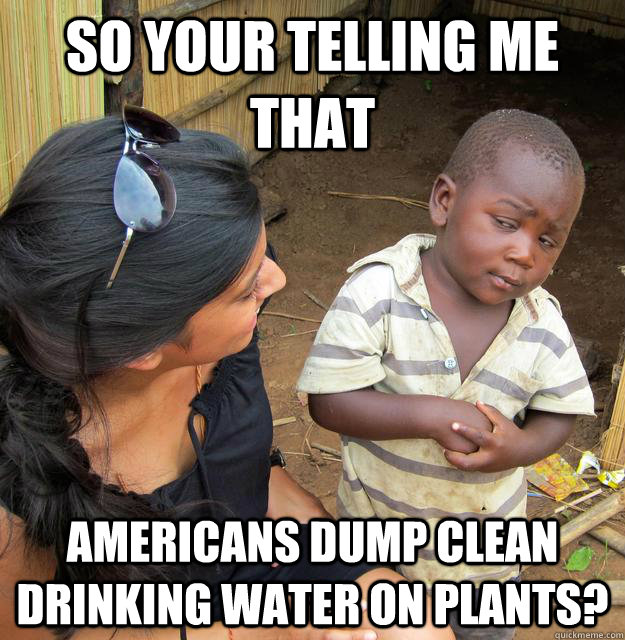 So your telling me that Americans dump clean drinking water on plants?  Skeptical Third World Kid